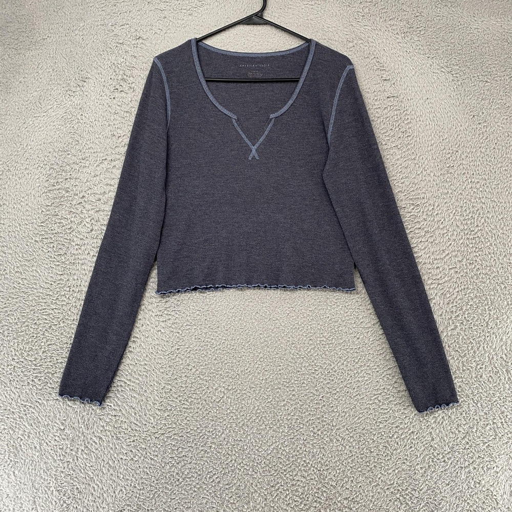 American Eagle Thermal Top Womens Large Waffle Knit Lettuce Hem Cropped Boxy